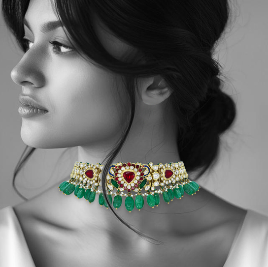 Polki Choker with Emerald Drops and Red Stone Motif